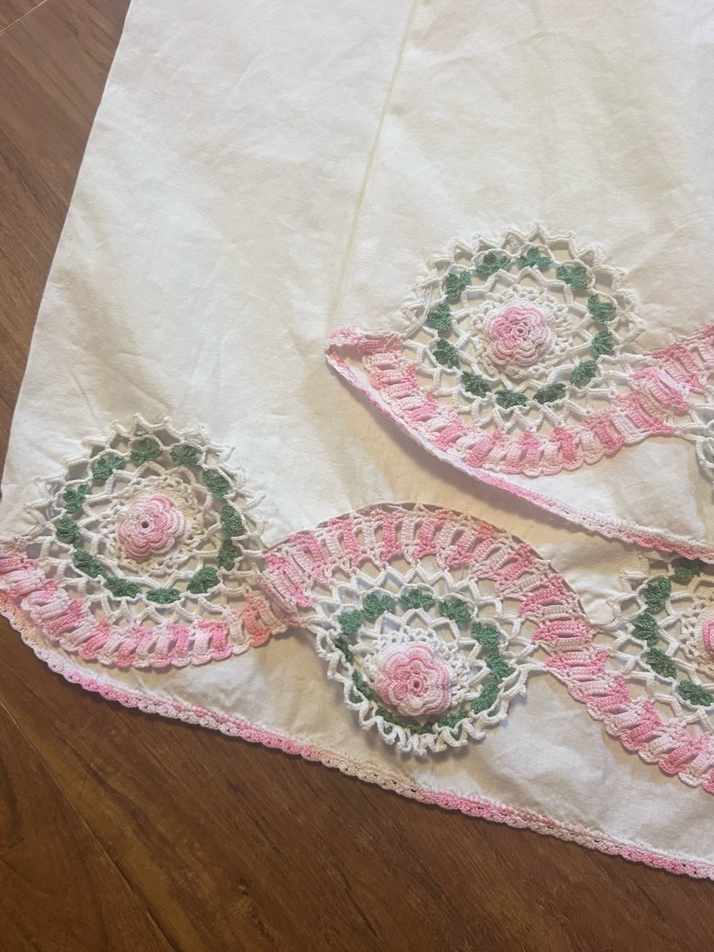 Vintage White Pillowcases with Pink and Green Crochet Trim - Picture 3 of 7